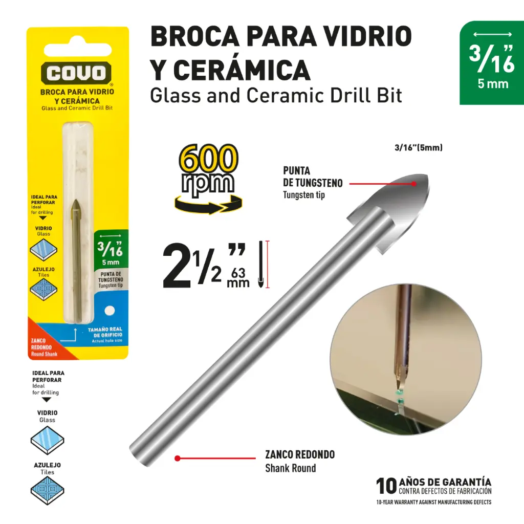 Covo Glass/ Ceramic Drill Bit 3/16" x 2"
